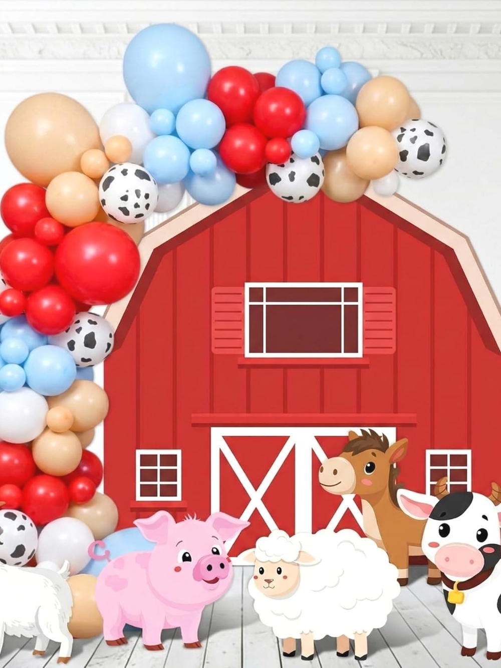 Farm Party Balloon Garland Backdrop - Red, Blue, Tan Balloons